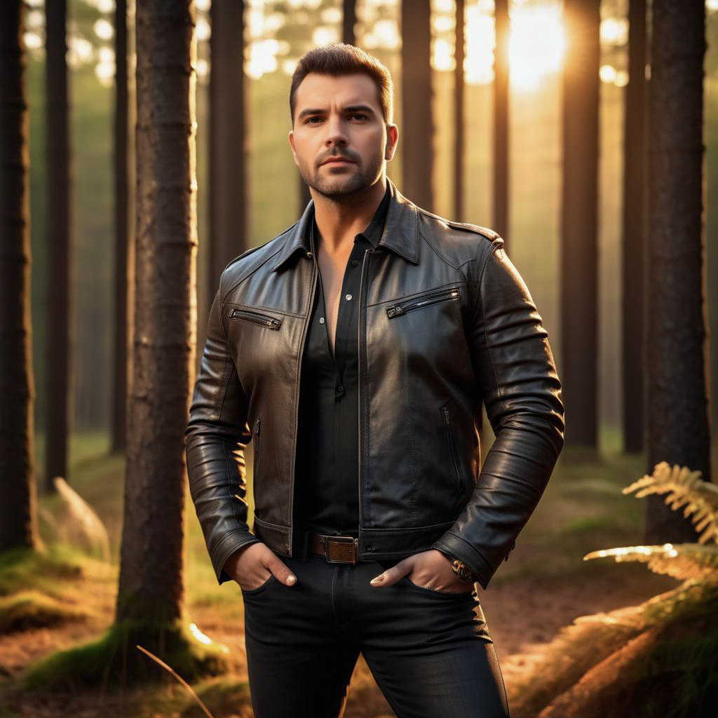 Confident Man in Sunlit Forest