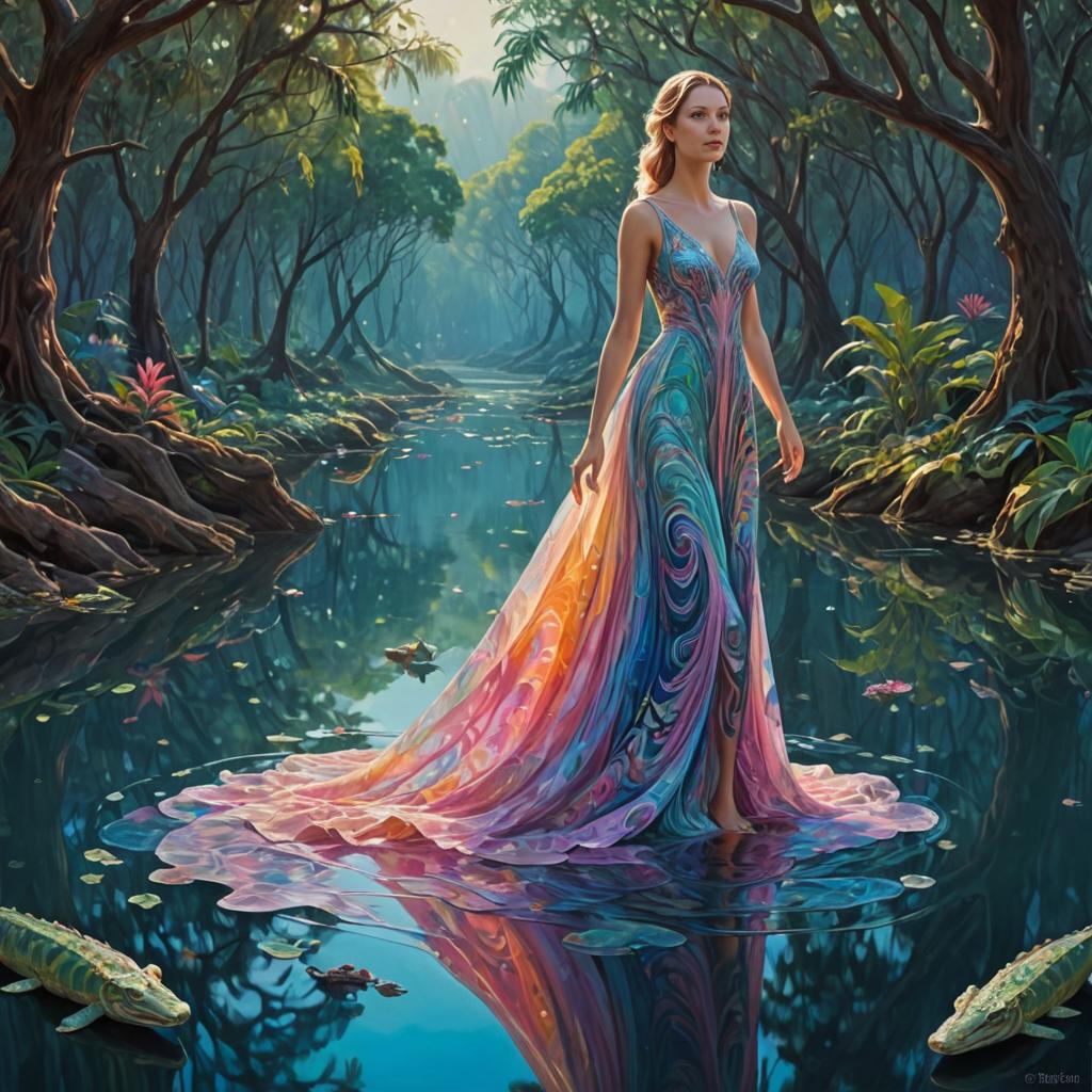 Woman in flowing gown by serene water