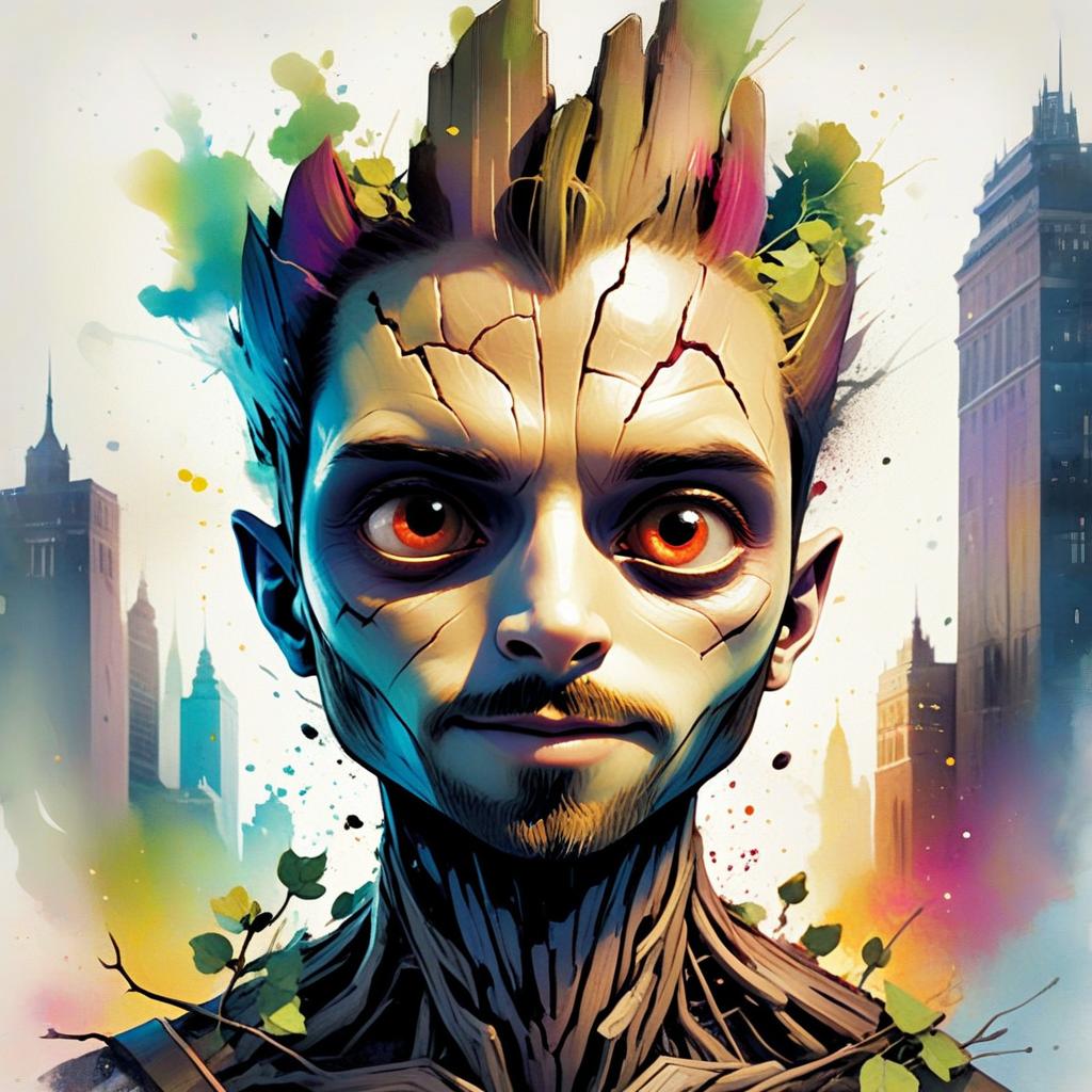 Man with Tree-Like Texture and Glowing Eyes in Urban Landscape Man with Tree-Like Texture and Glowing Eyes in Urban Landscape