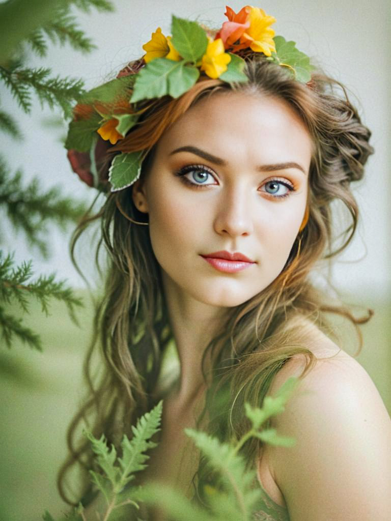 Woman with Floral Crown and Blue Eyes