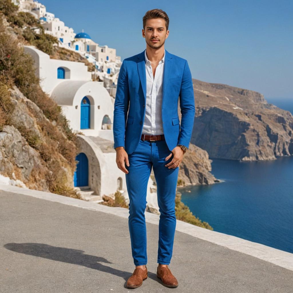 Stylish Man in Blue Suit, Santorini Backdrop