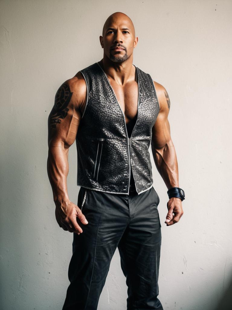 Realistic Man Dressed as The Rock Wearing Black Leather Vest Cosplay
