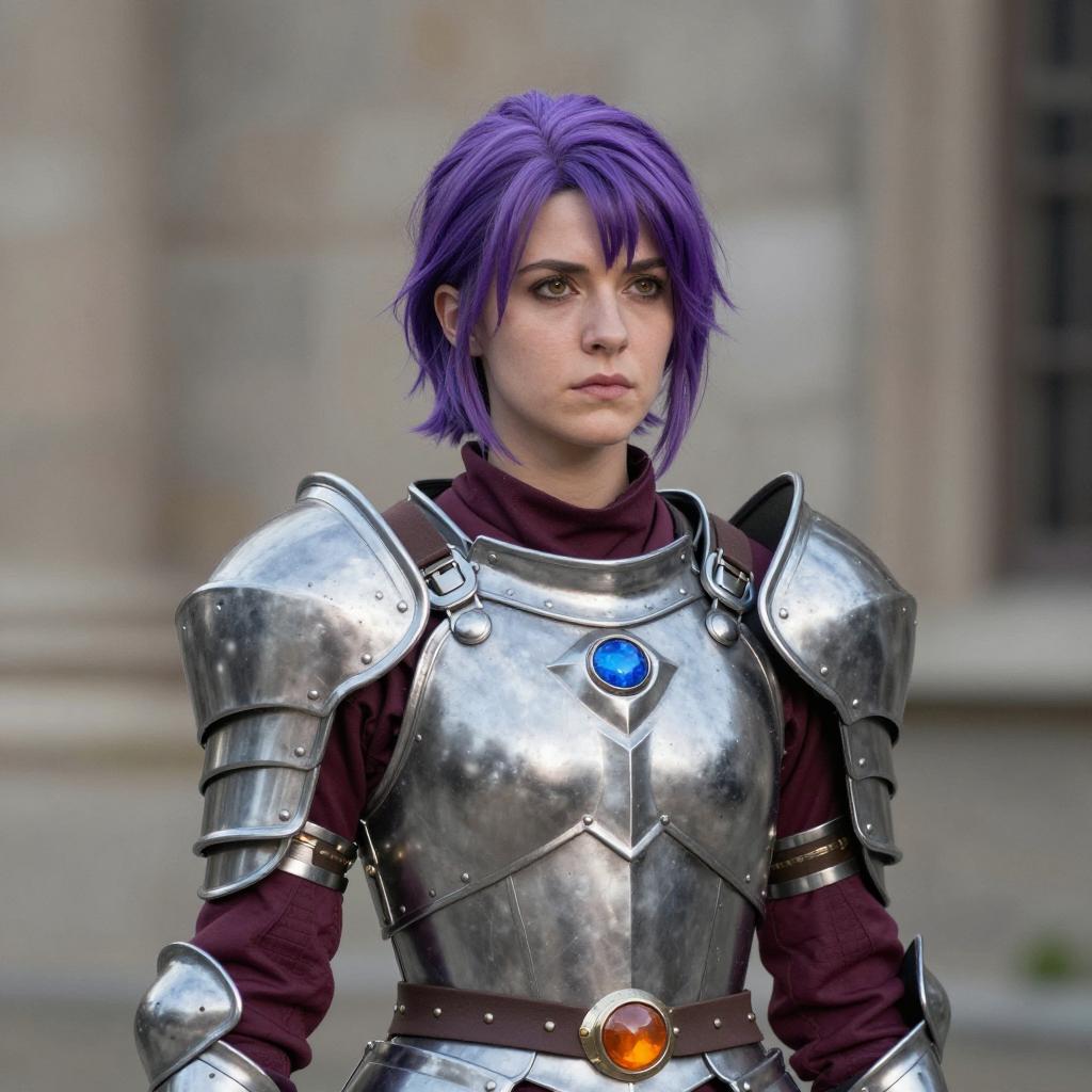 Woman in Fantasy Medieval Armor with Purple Hair Cosplay