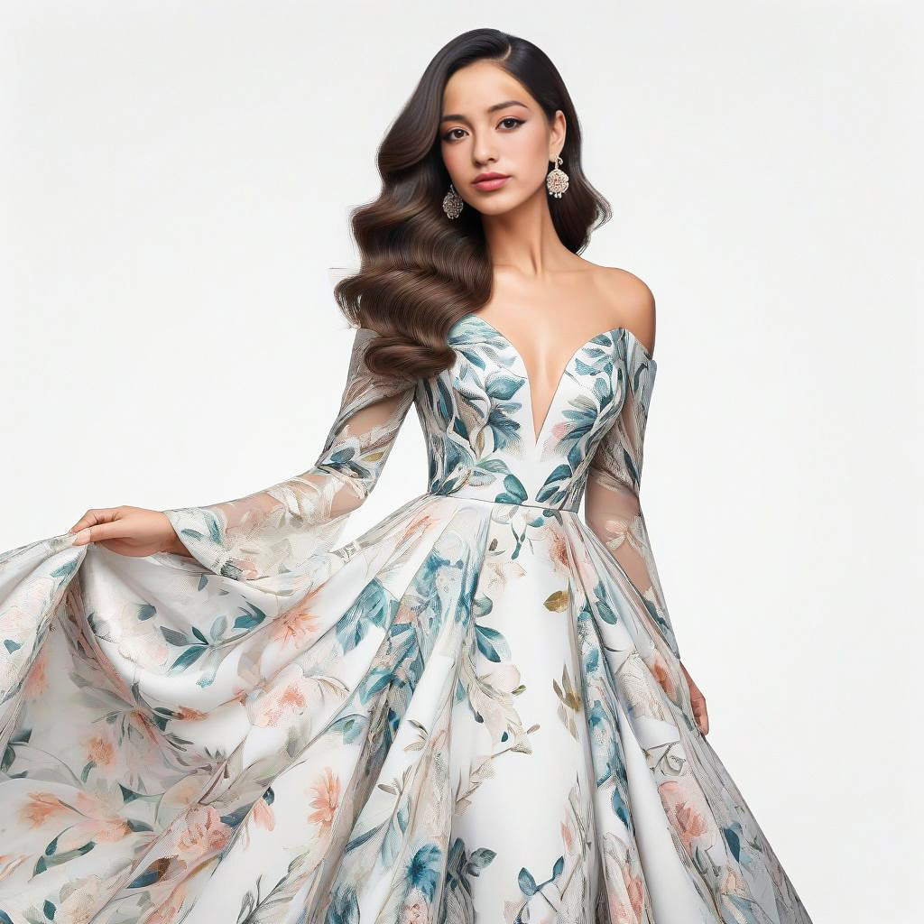 Elegant Woman in Floral Off-Shoulder Gown Elegant Woman in Floral Off-Shoulder Gown