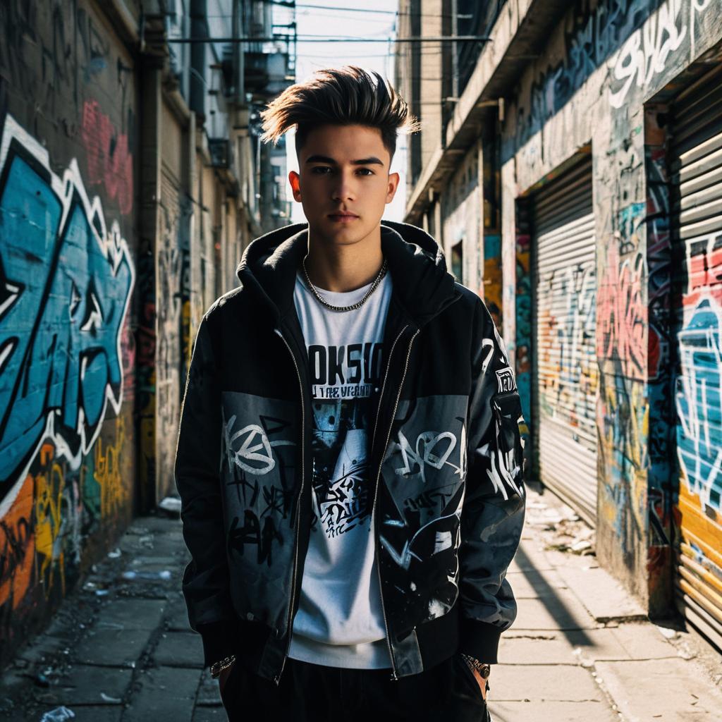 Urban Streetwear Young Man Posing in Graffiti Alley