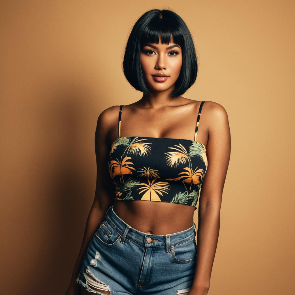 Confident Woman in Tropical Crop Top and Denim Shorts