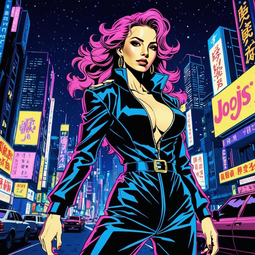 Cyberpunk Woman with Pink Hair in Neon Cityscape
