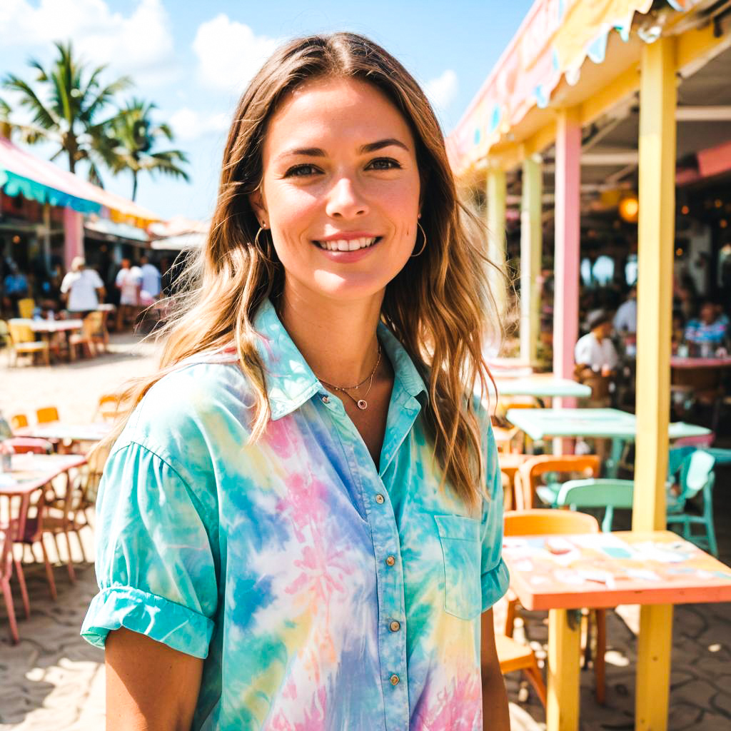 Cheerful Woman in Tie-Dye Shirt at Beach