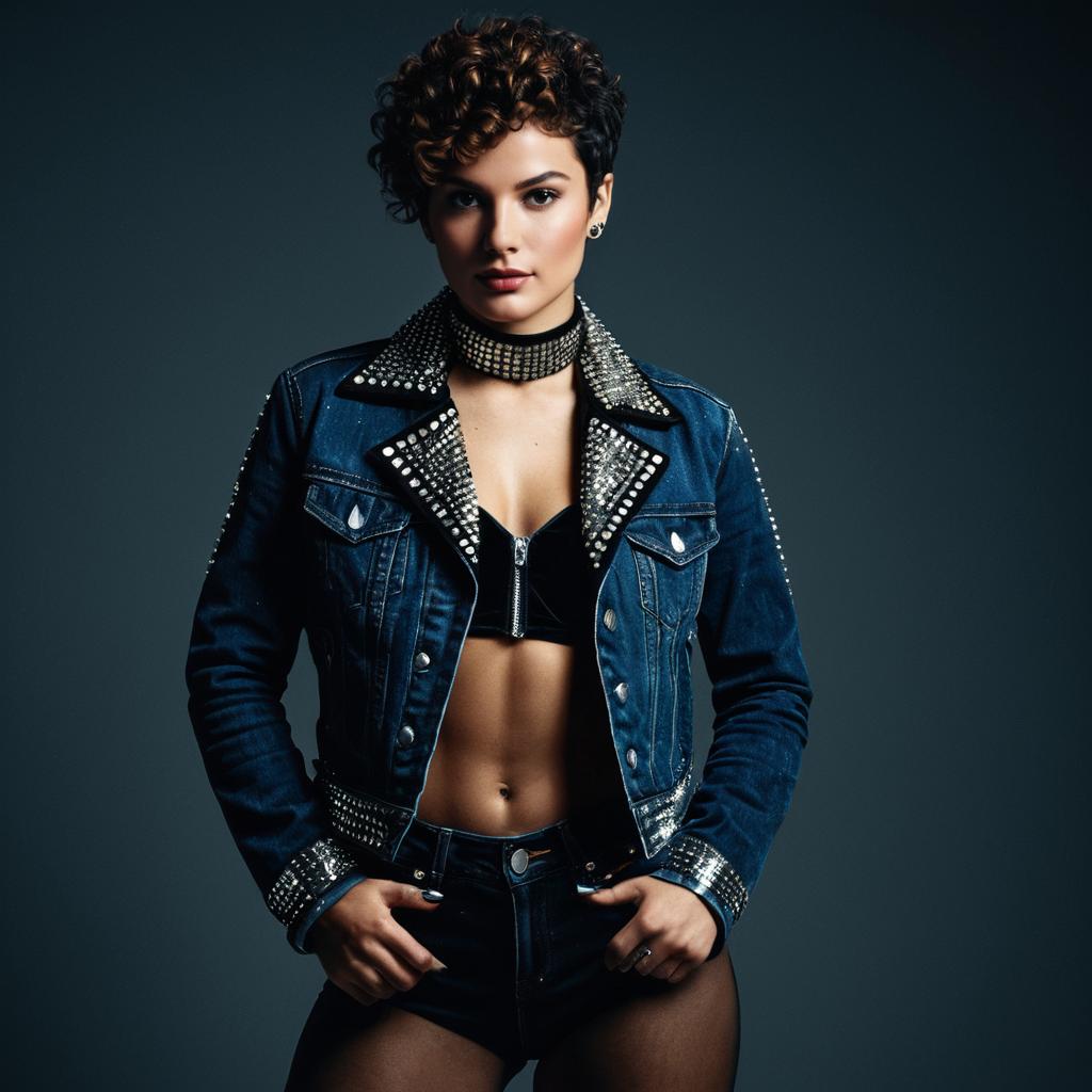 Edgy Woman in Studded Denim Jacket and Black Crop Top