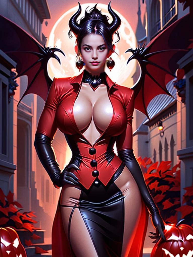 Devil Woman in Red Halloween Costume with Bat Wings and Horns Digital Art