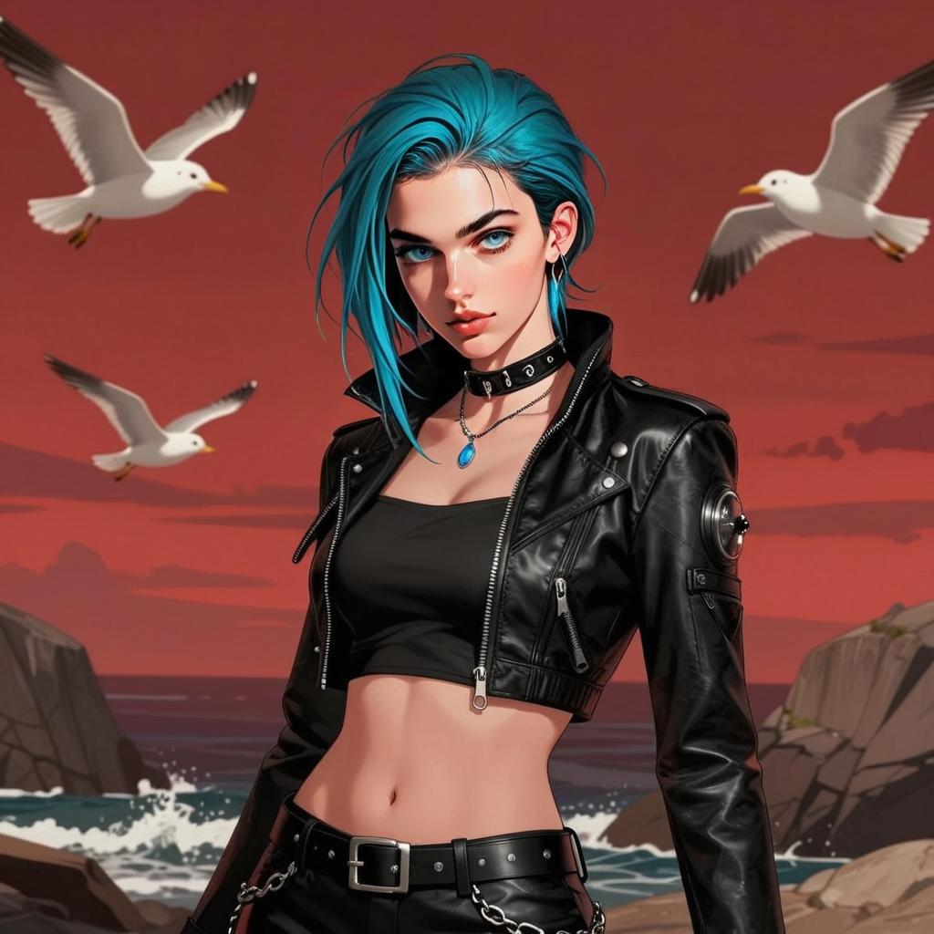 Edgy Blue-Haired Woman in Punk Style Leather Jacket at Seaside Sunset