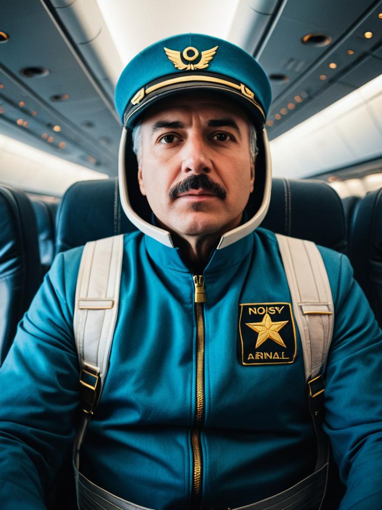 Photorealistic Man in Airliner Pilot Costume Cosplay Portrait Inside Airplane