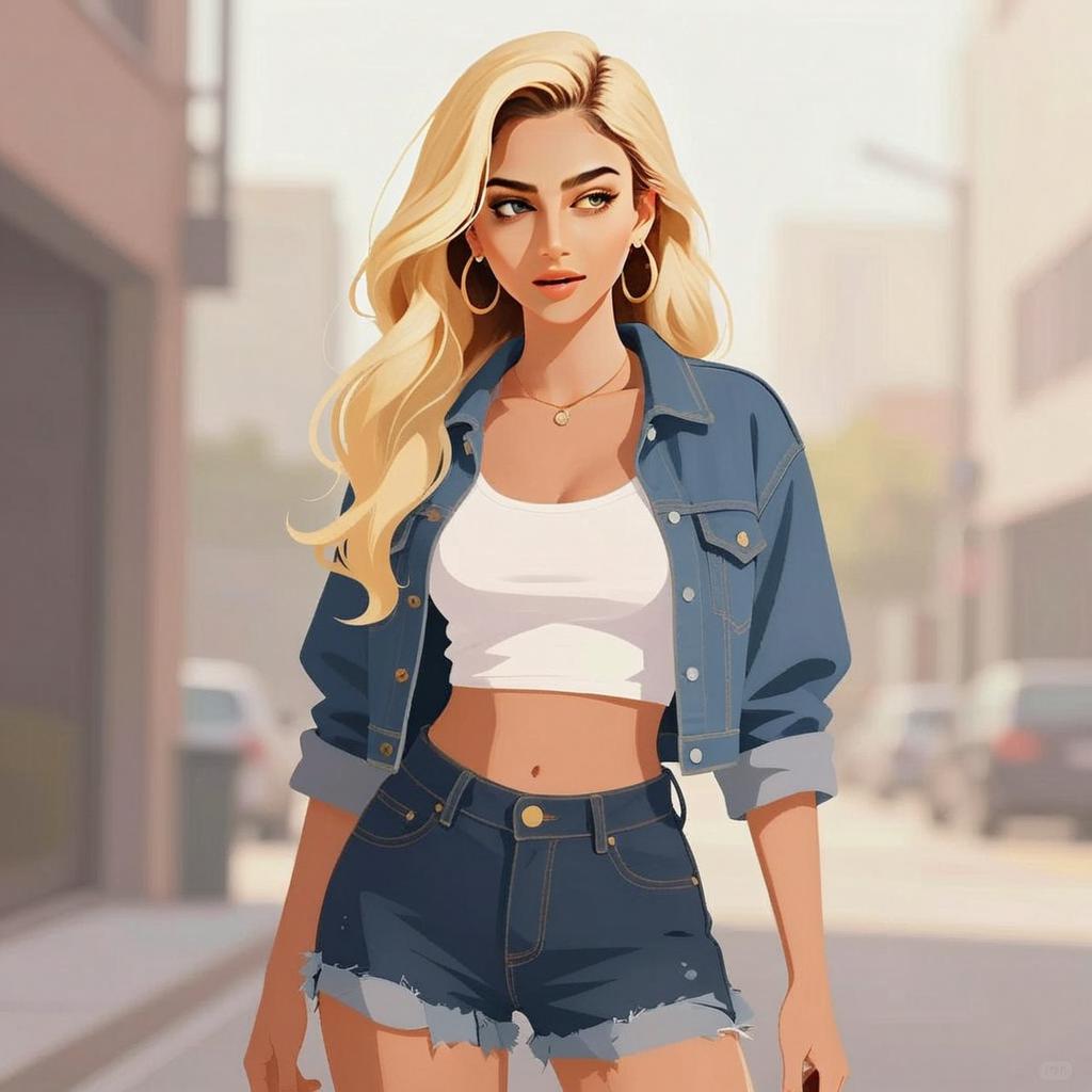 Stylish Young Woman in Denim Outfit Digital Illustration