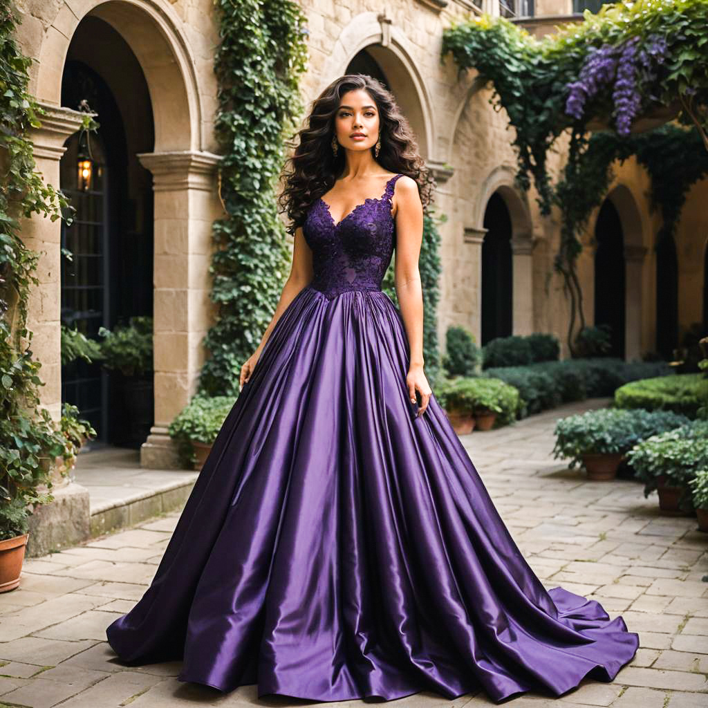 Elegant Woman in Purple Gown Outdoors