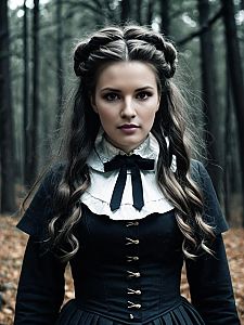 Victorian Style Woman in Black Vintage Dress Standing in Forest