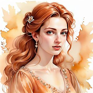 Elegant Young Woman with Red Hair in Peach Dress