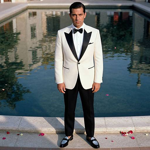 Man in Classic White Tuxedo Jacket Standing by Pool