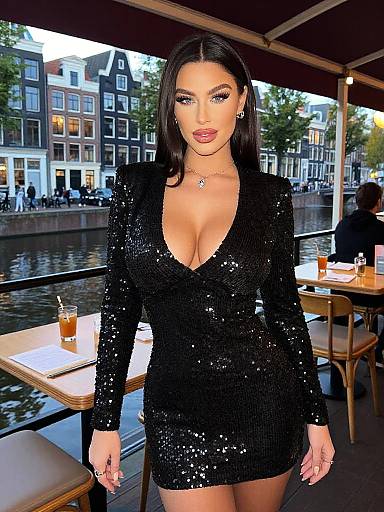 Svelte Woman in Black Sequined Mini Dress with Deep V Neckline