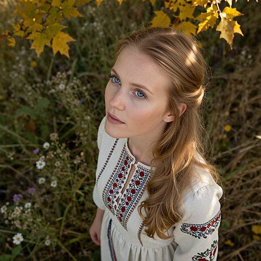 Young Woman in Traditional Embroidered Dress in Autumn Nature