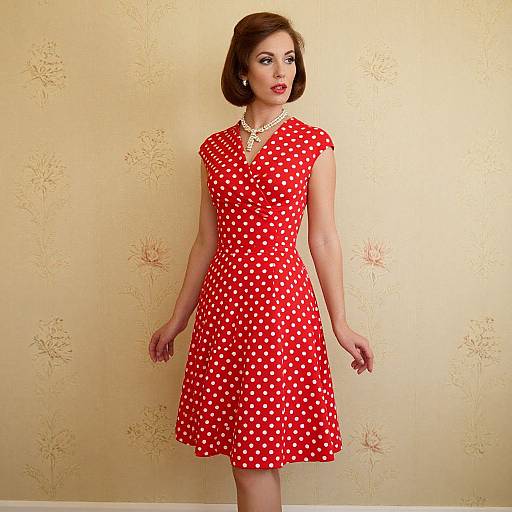 Vintage 1950s Style Woman in Red Polka Dot Dress