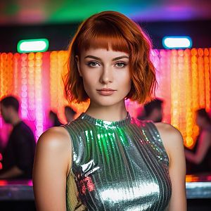 Confident Woman with Red Hair in Metallic Dress at Neon Nightclub