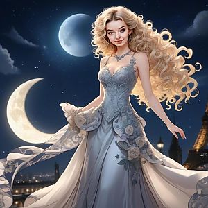 Woman in Silver Gown Under Night Sky with Moons