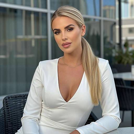 Elegant Blonde Woman in White Dress Urban Portrait