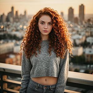 Young Woman with Curly Red Hair on Rooftop at Sunset