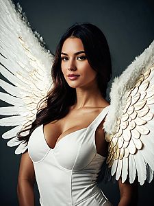 Woman with Extra Large Angel Wings Waist Up Editorial Portrait