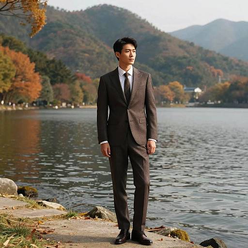 Man in Tailored Brown Suit Standing by Lake with Autumn Mountains Background