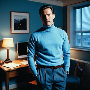 Man in Blue Turtleneck Sweater Standing in Modern Office Room