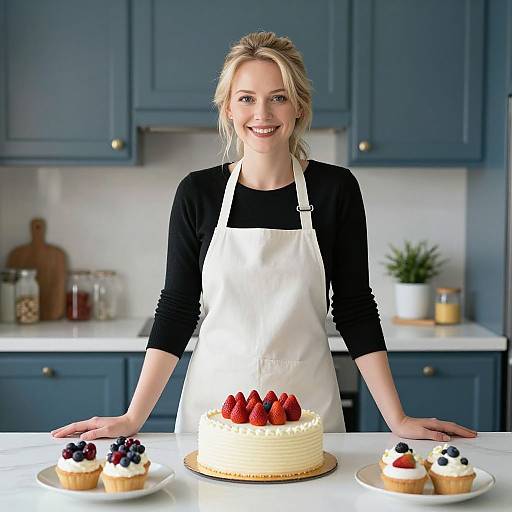 Smiling Woman with Freshly Made Strawberry Cake and Berry Cupcakes in Modern Kitchen