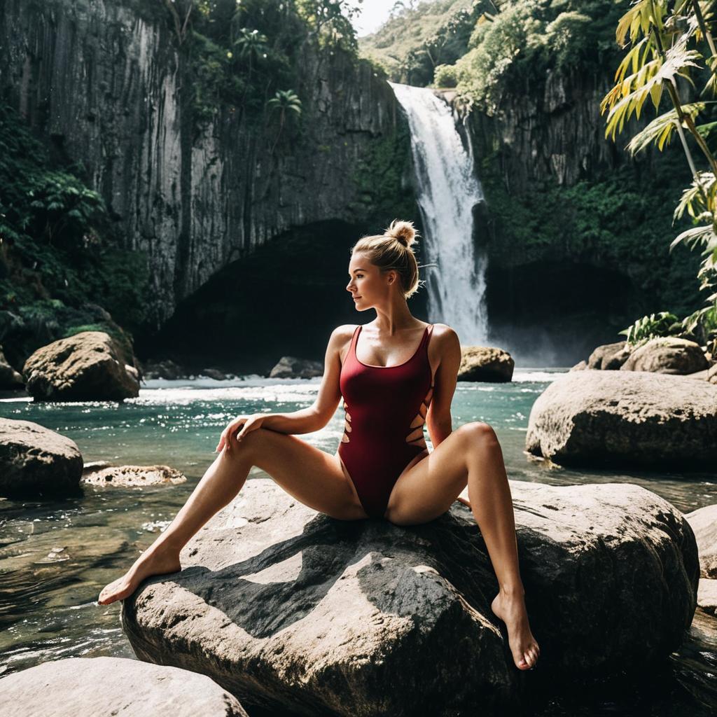 Woman in Maroon Swimsuit Sitting on Rock Near Waterfall in Nature