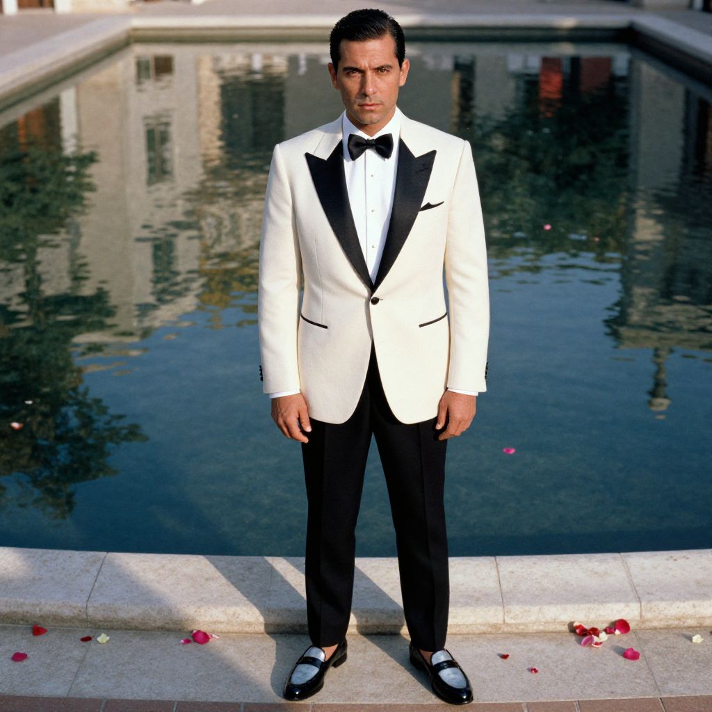 Man in Classic White Tuxedo Jacket Standing by Pool
