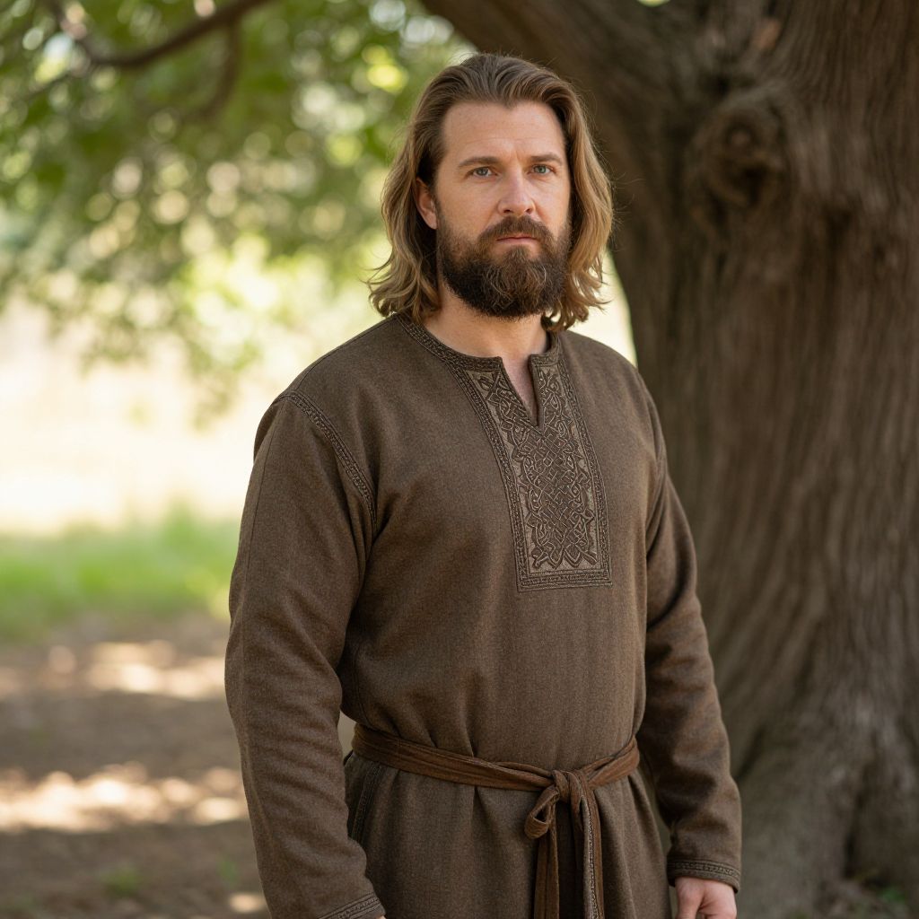 Portrait of Man in Traditional Brown Embroidered Tunic Near Tree Outdoors