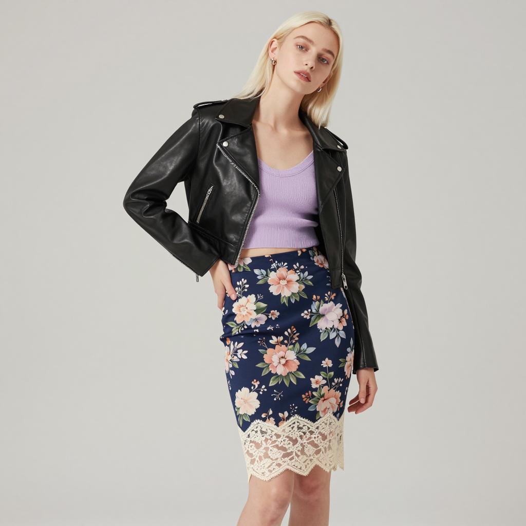 Gen Z Woman Wearing Leather Jacket and Floral Lace Pencil Skirt