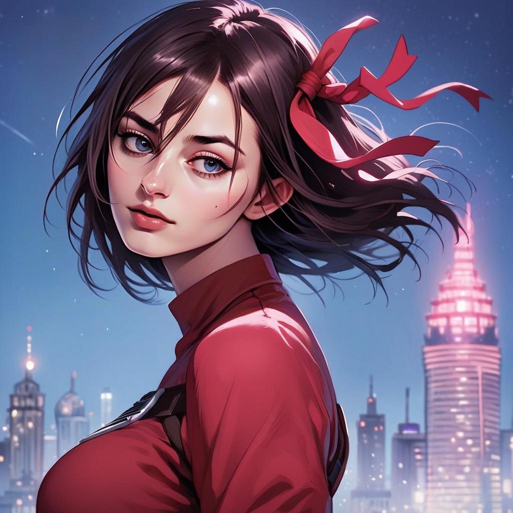 Empowered Woman with Blue Eyes in Vibrant City Skyline