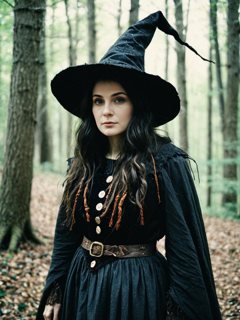 Woodland Witch Costume Woman in Forest with Pointed Hat