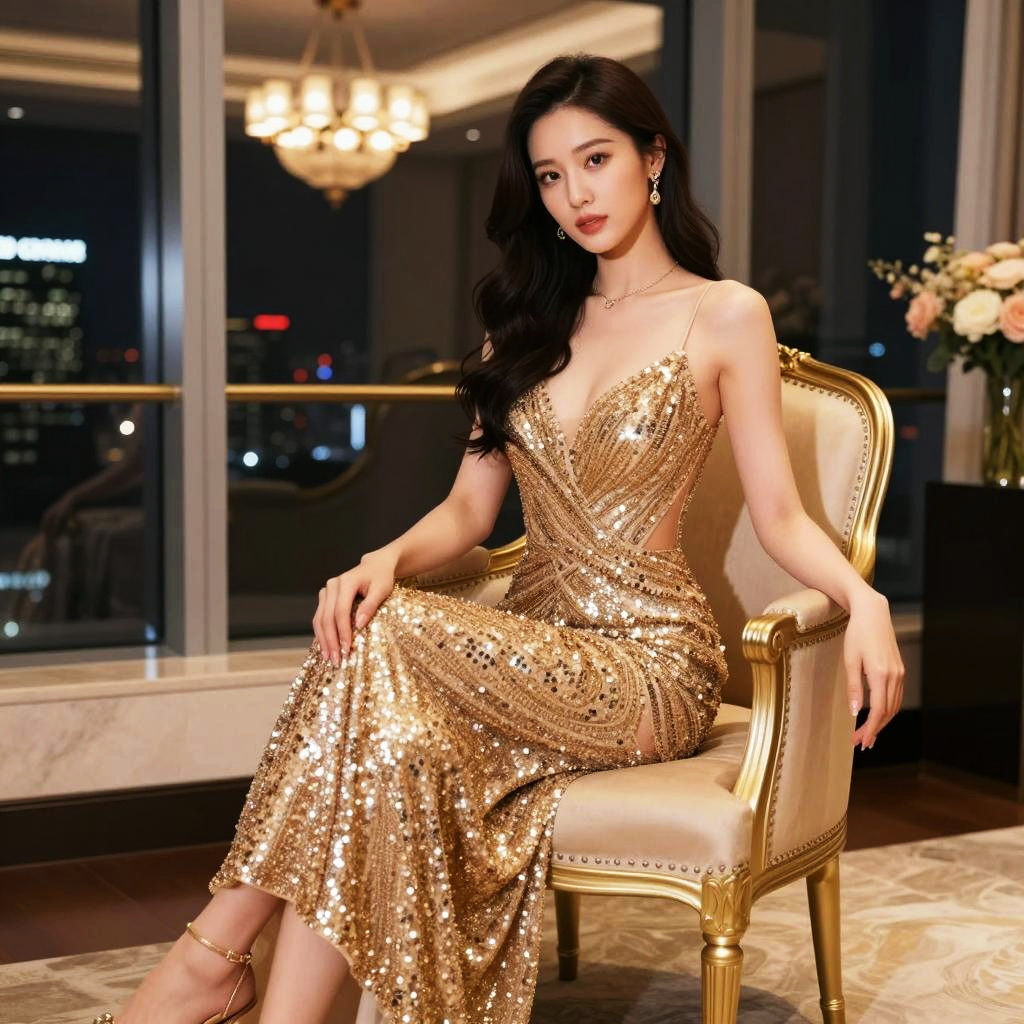 Glamorous Woman in Gold Sequin Evening Gown Sitting in Elegant Chair