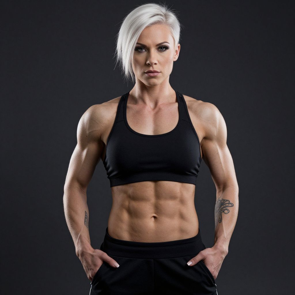 Muscular Fit Woman in Black Sportswear Showing Abs and Strength