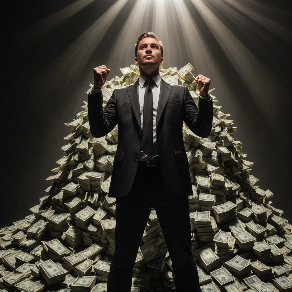 Confident man in suit atop money pile under spotlight