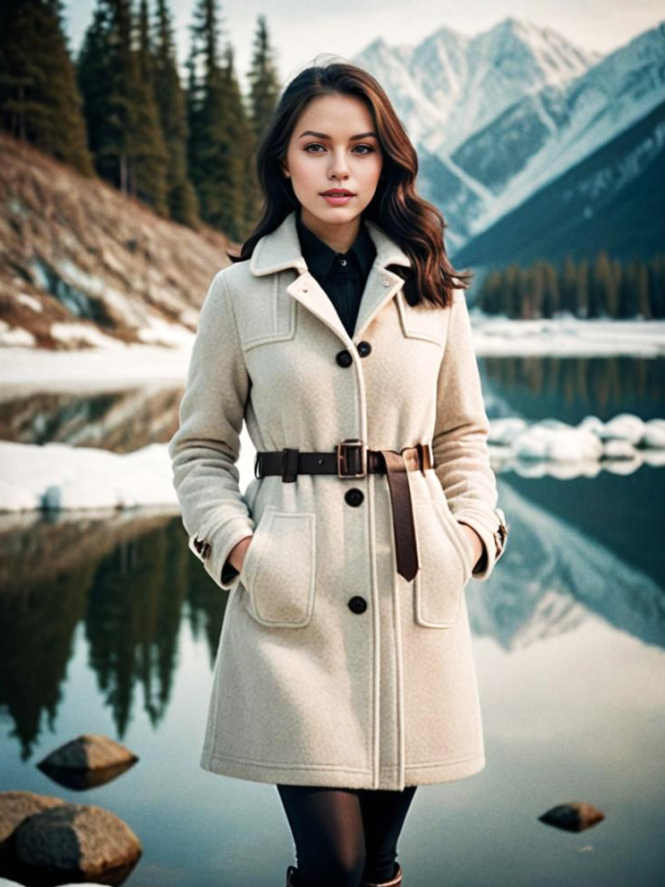 Elegant Woman by Serene Lake with Snow-Capped Mountains