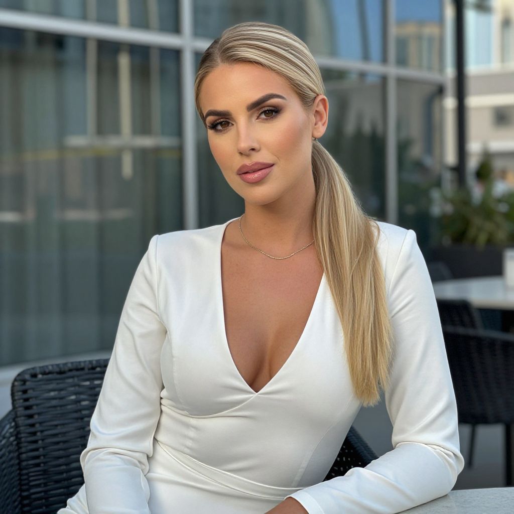 Elegant Blonde Woman in White Dress Urban Portrait