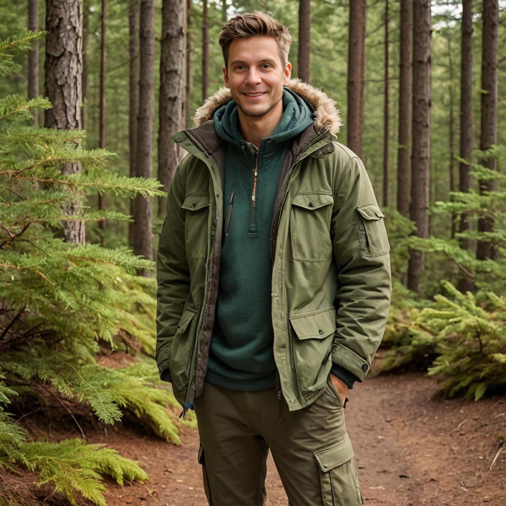 Confident Man in Lush Forest with Green Jacket