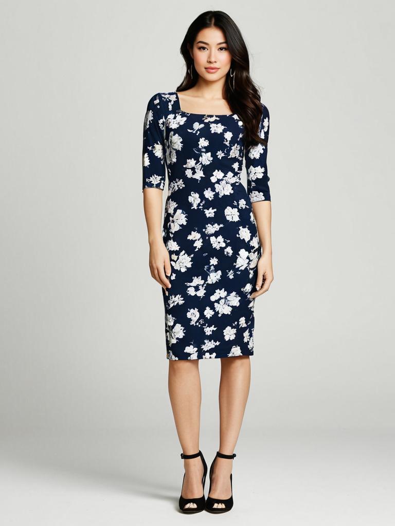 Woman Wearing Navy Blue and Off-White Floral Classic Knee-Length Bodycon Dress