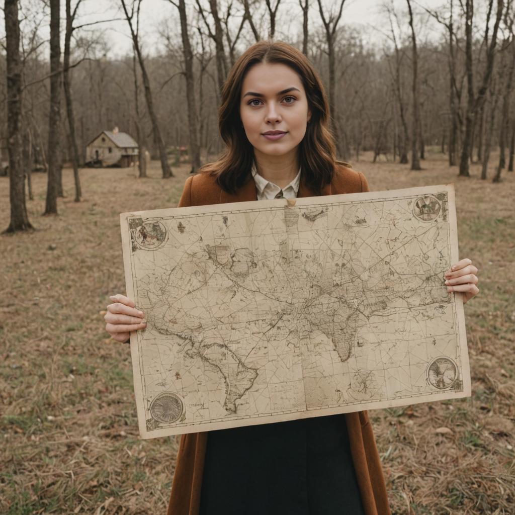 Woman in Brown Coat with Antique Map in Woods