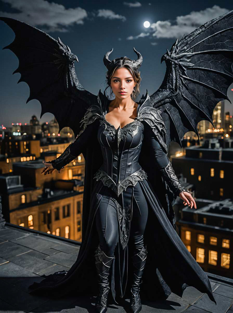 Woman in Gothic Gargoyle Costume at Night