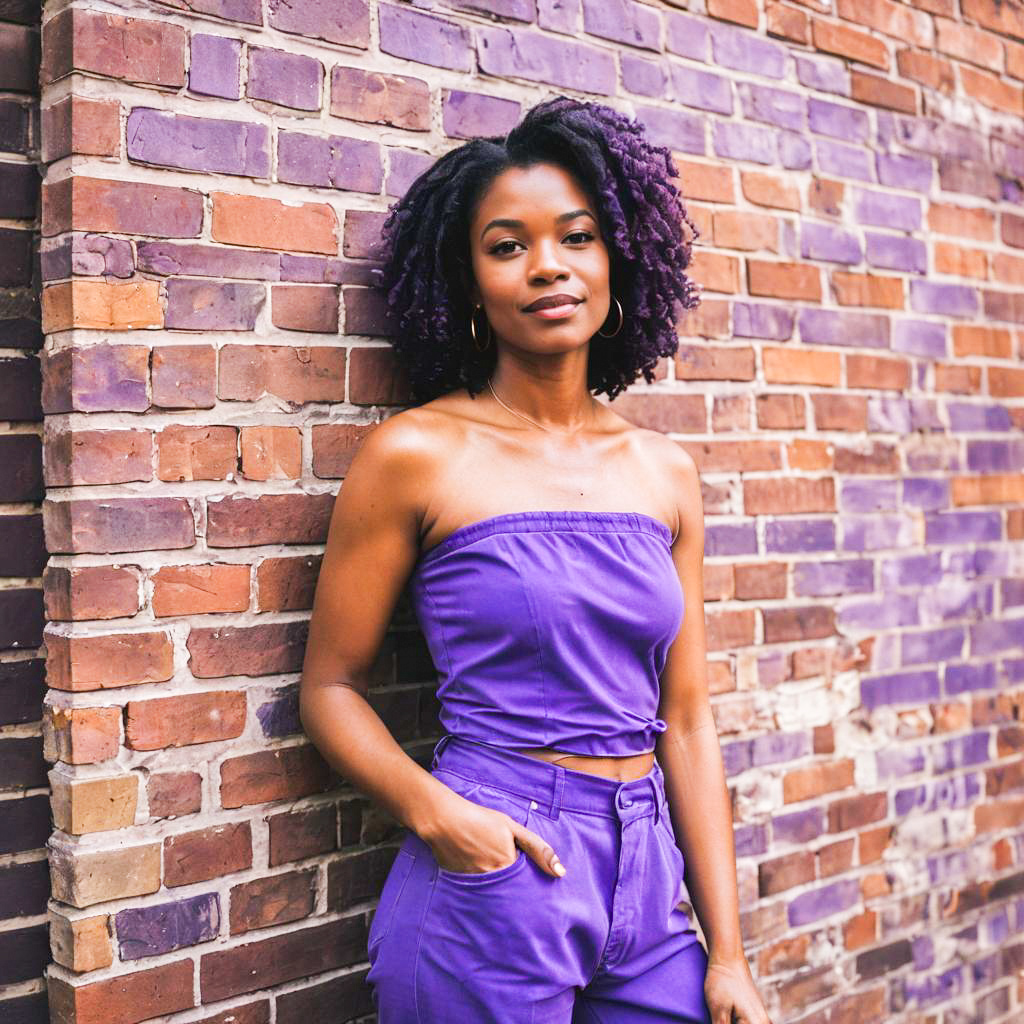 Stylish Woman in Purple Outfit Against Brick Wall