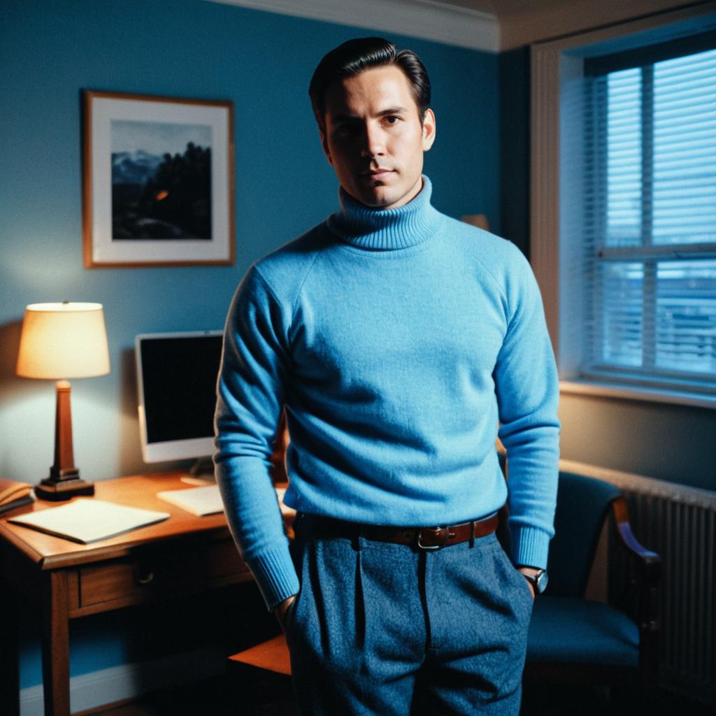 Man in Blue Turtleneck Sweater Standing in Modern Office Room