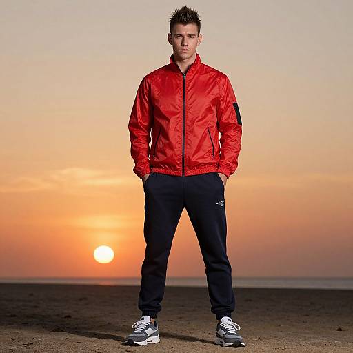 Man in Red Jacket Standing on Beach at Sunset
